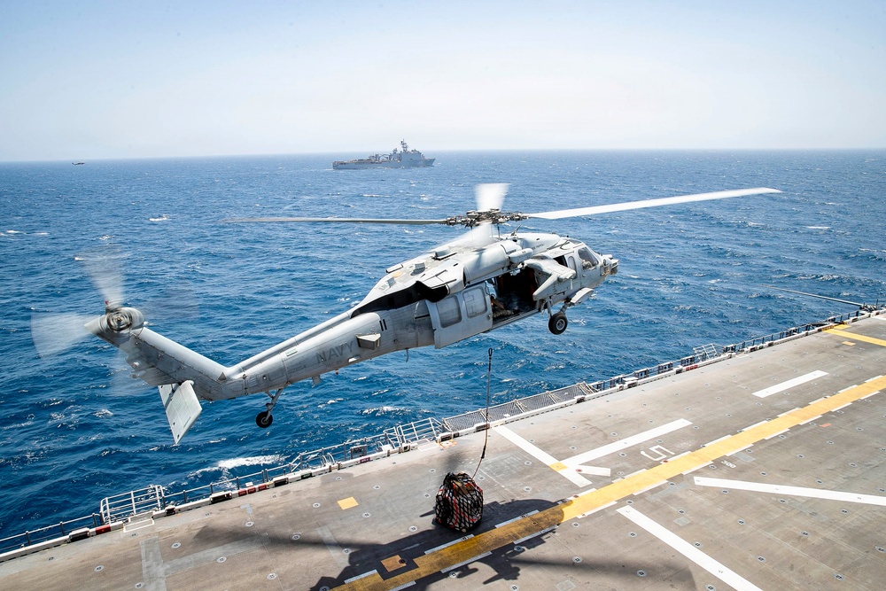 USS Tripoli Vertical Replenishment and Mail Delivery