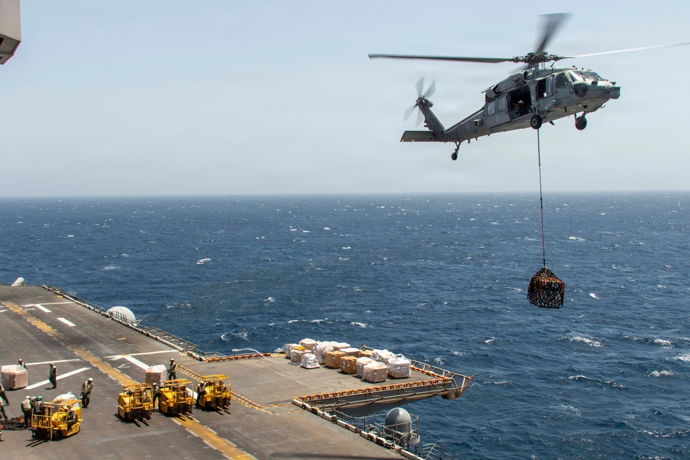 USS Tripoli Vertical Replenishment and Mail Delivery