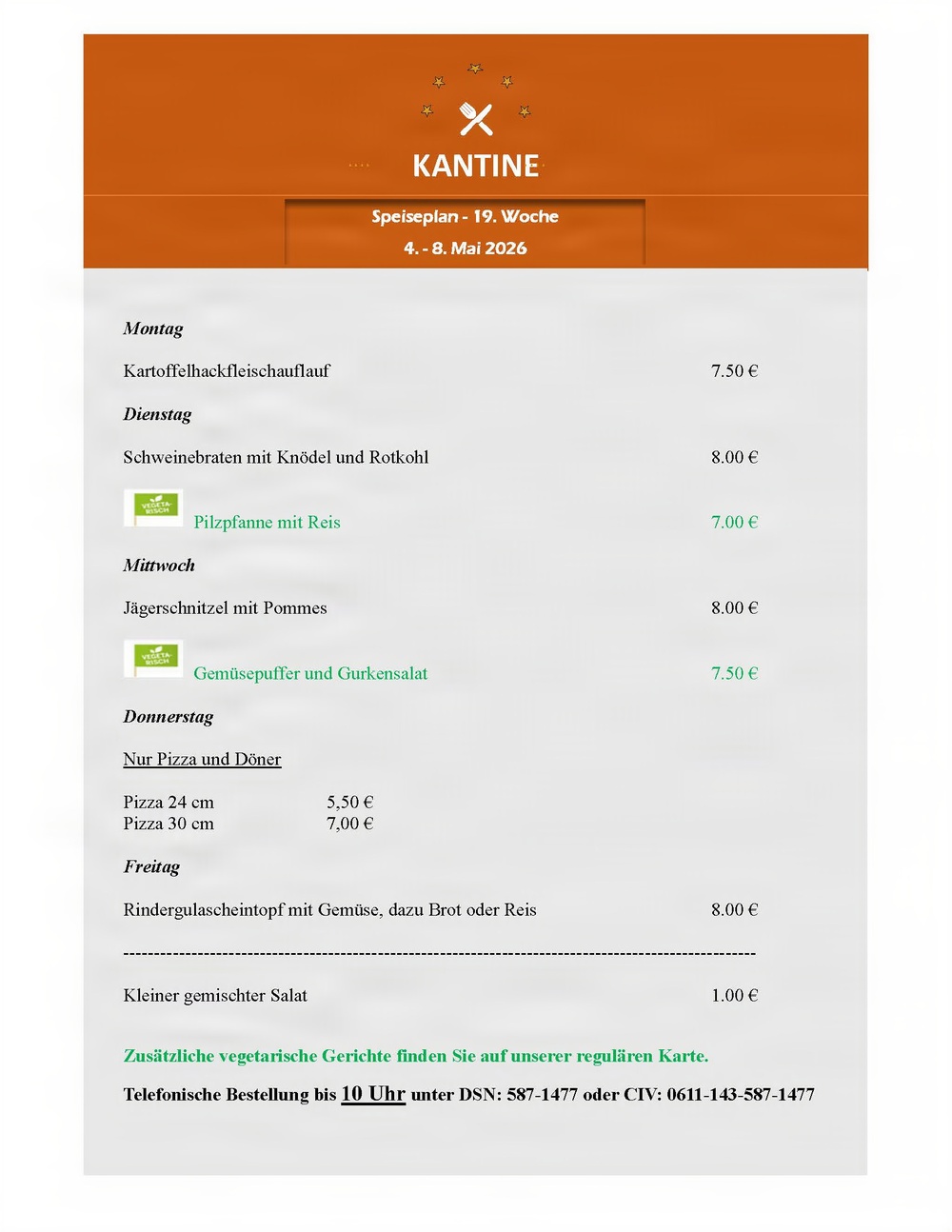 Kantine menu - 4-8 May 2026