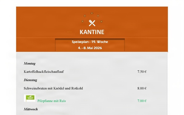 Kantine menu - 4-8 May 2026