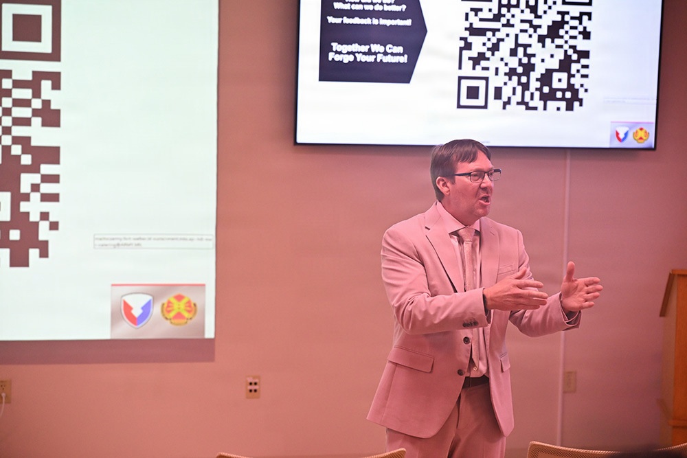 Fort A.P. Hill Chief of Training Steve Eger gives closing remarks at ATC in-brief