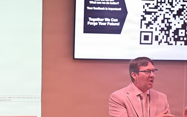 Fort A.P. Hill Chief of Training Steve Eger gives closing remarks at ATC in-brief