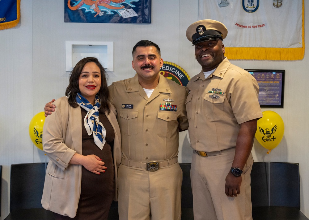 Hospital Corpsman Pinned to Senior Chief Petty Officer by Family and Leadership