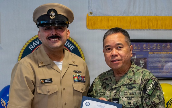 Hospital Corpsman Pinned to Senior Chief Petty Officer by Family and Leadership
