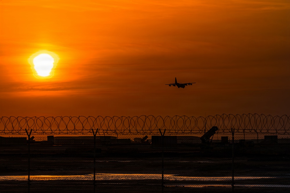 C-130 lands at a base in support of U.S. Central Command