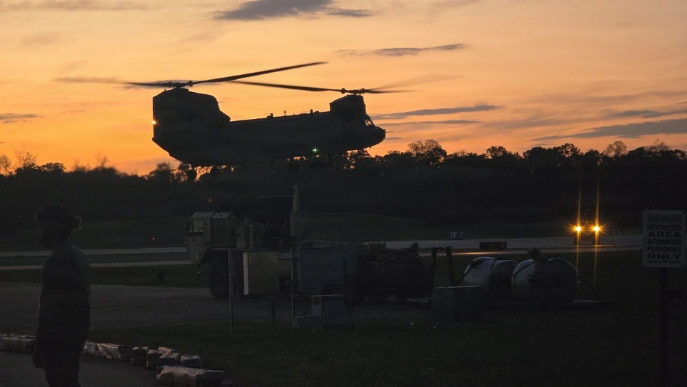 CH-47 taking off after receiving fuel from Buc-cees FARP during JRTC