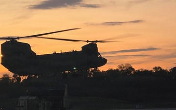 CH-47 taking off after receiving fuel from Buc-cees FARP during JRTC