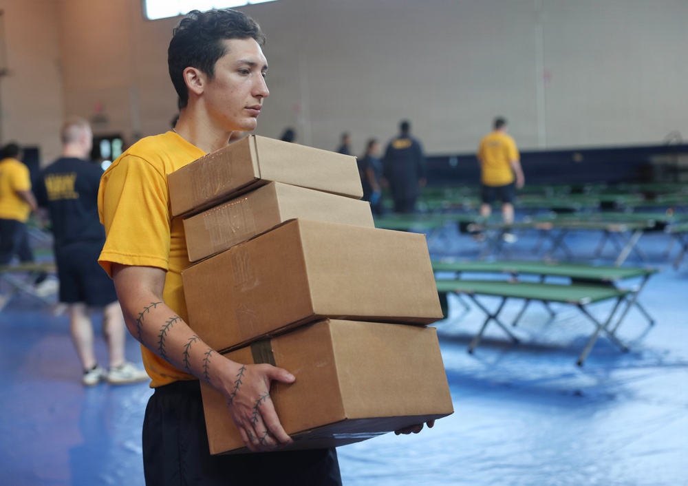 Joint Base Pearl Harbor-Hickam personnel practice emergency shelter operations during Hurricane Exercise 2026 to enhance preparedness for major weather events.