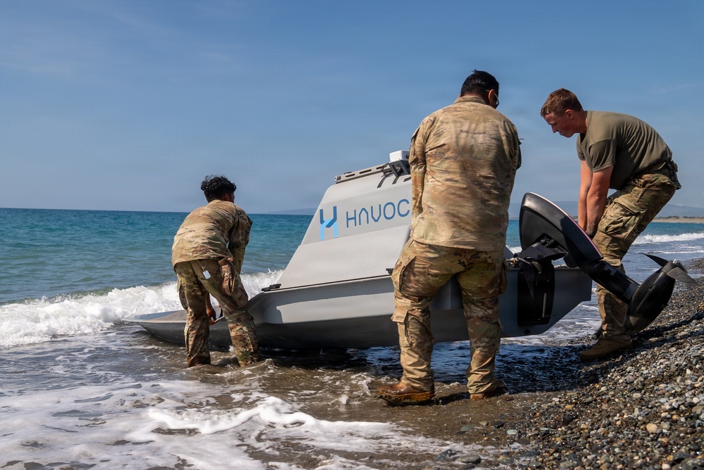U.S. Soldiers prepare and launch an Unmanned Surface Vessel in the Philippines