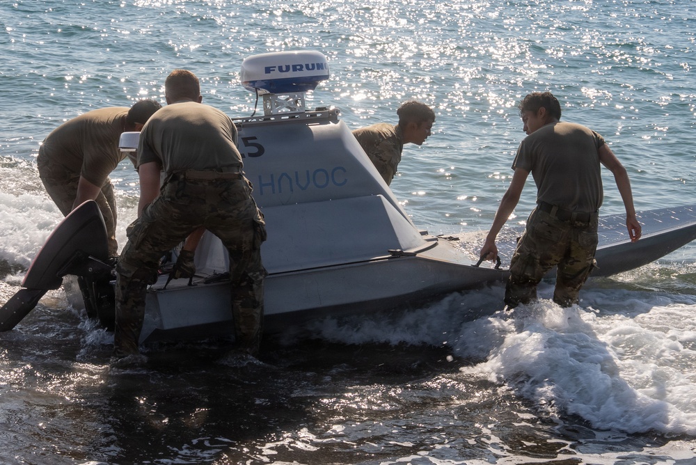 U.S. Soldiers prepare and launch an Unmanned Surface Vessel in the Philippines