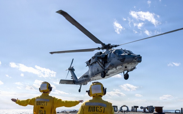 A MH-60R Seahawk of Helicopter Maritime Strike Squadron (HSM) 46 to take off from the flight deck of the USS Arleigh Burke (DDG 51)