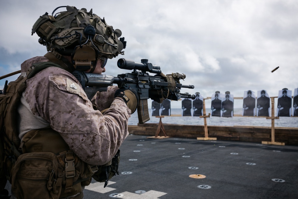 11th MEU Marines, Sailors Conduct Marksmanship Training aboard USS Portland