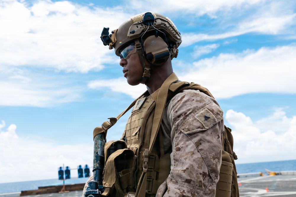 11th MEU Marines, Sailors Conduct Marksmanship Training aboard USS Portland