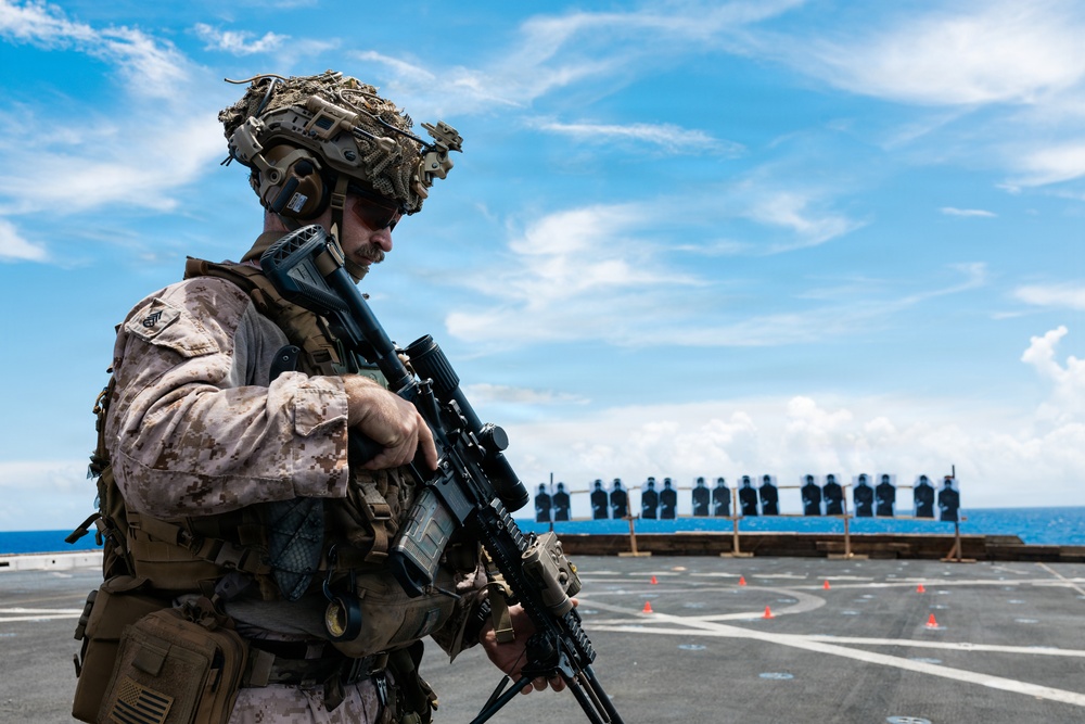 11th MEU Marines, Sailors Conduct Marksmanship Training aboard USS Portland