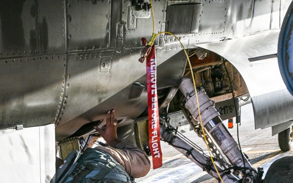 F-16 Fighting Falcon pilot conducts pre-flight inspections
