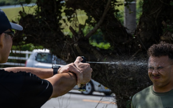 Marines and Japanese Security Guards conduct OC Spray training at Camp Foster