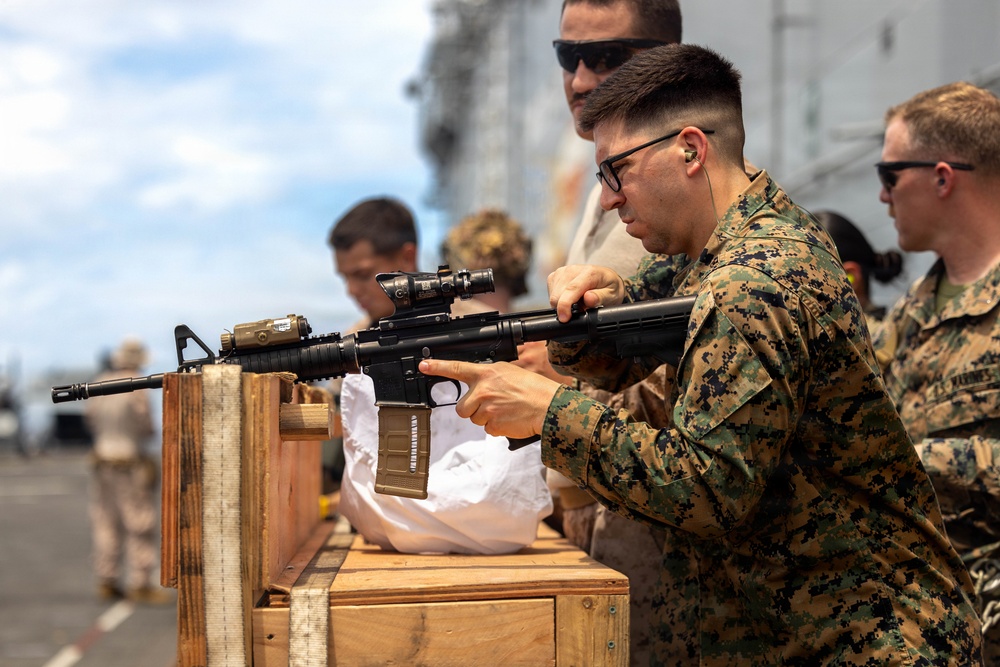 11th MEU Marines, Sailors Conduct Marksmanship Training Aboard USS Boxer