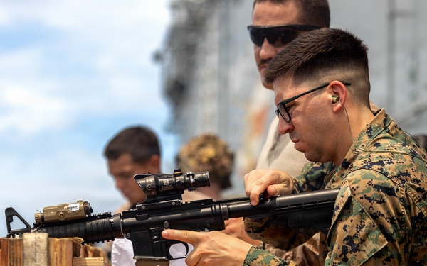 11th MEU Marines, Sailors Conduct Marksmanship Training Aboard USS Boxer