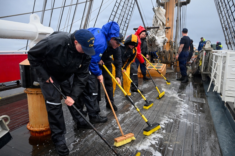 Coast Guard Cutter Barque Eagle's crew conducts deck maintenance