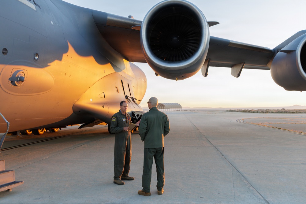 Flight Test Engineers prepare C-17 for high-altitude air drops at Edwards Air Force Base