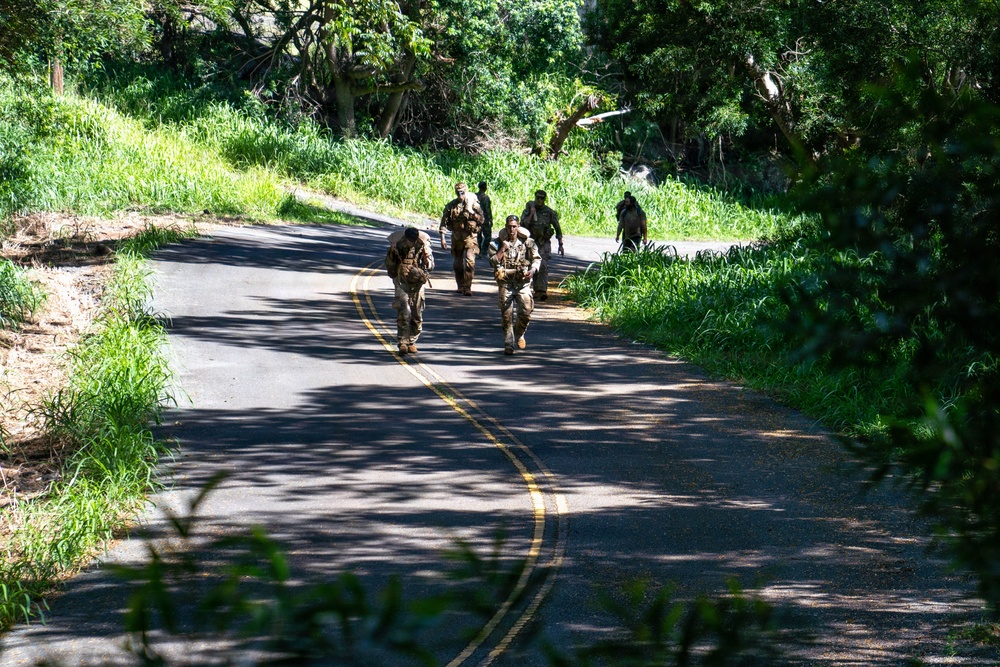 Multinational Soldiers hike Kolekole Pass at the 2026 Pacific Land Forces Team Readiness Challenge