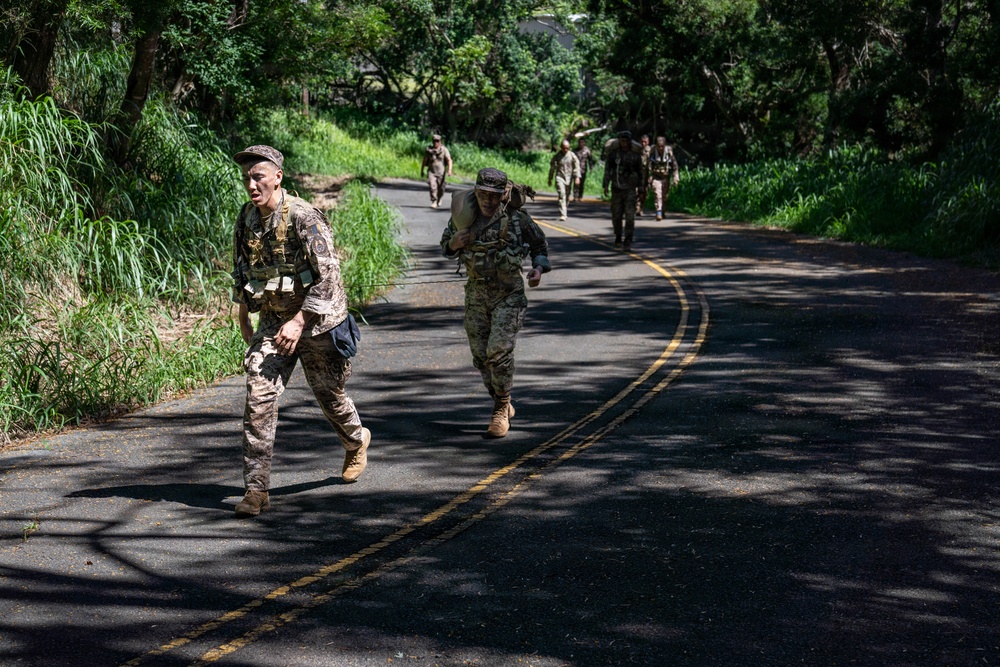 Multinational Soldiers hike Kolekole Pass at the 2026 Pacific Land Forces Team Readiness Challenge