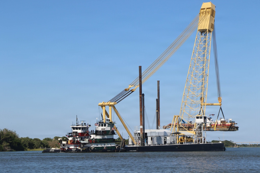 Heavy Lift Crane Barge and Tugboats Conduct Waterway Operations