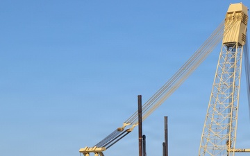 Heavy Lift Crane Barge and Tugboats Conduct Waterway Operations