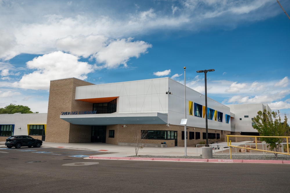 The exterior of Sandia Base Elementary School is shown at Kirtland Air Force Base, May 5, 2026.