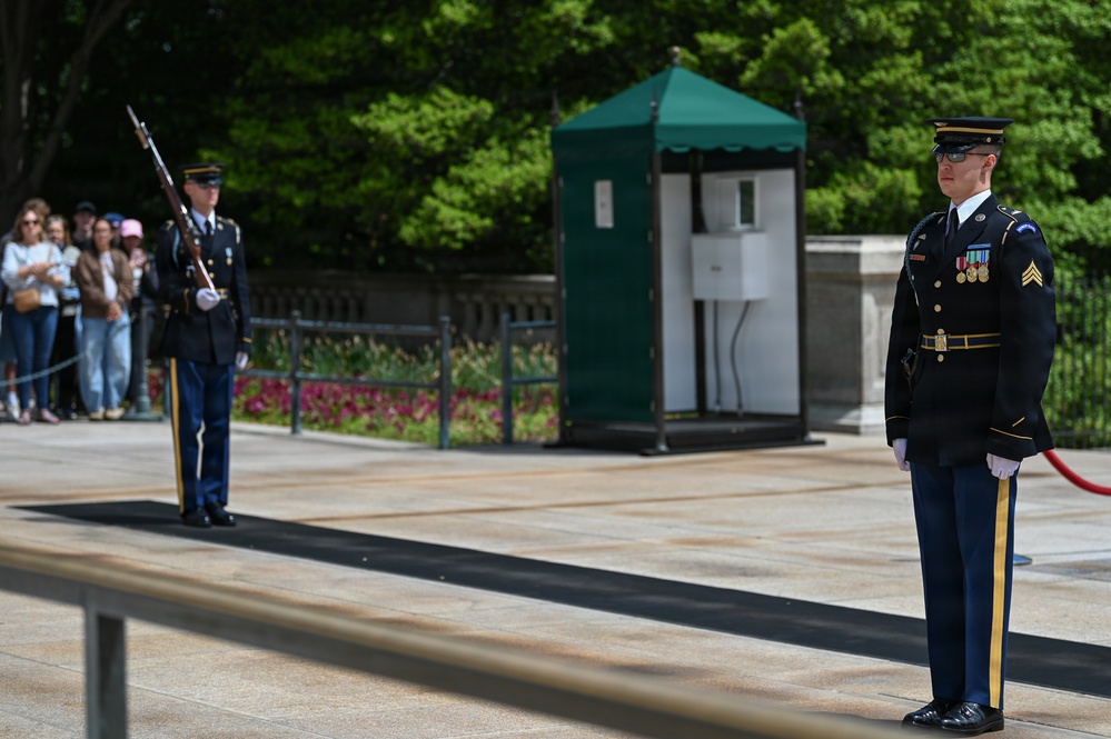 A Tomb Guard relief commander announces the Changing of the Guard ceremony