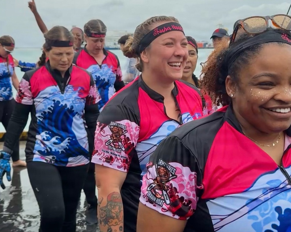 Army Ladies Dragon Boat Team Celebrates After Race in Naha, Okinawa, Japan