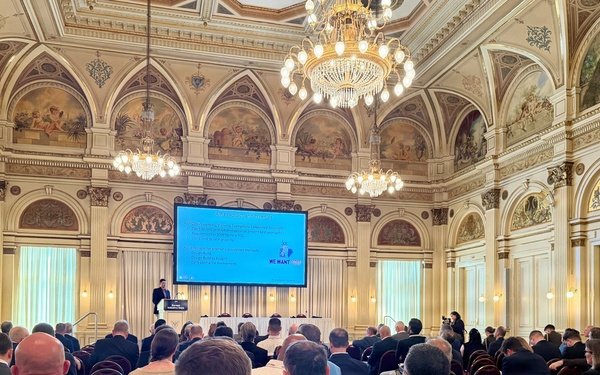 Lt. Col. Chris Herold, Deputy Commander for support to Ukraine for the U.S. Army Corps of Engineers, Europe District at the International Stability Operations Association’s Third Annual Europe Industry Days event April 14 in Wiesbaden, Germany