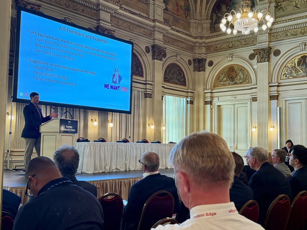 Lt. Col. Chris Herold, Deputy Commander for support to Ukraine for the U.S. Army Corps of Engineers, Europe District at the International Stability Operations Association’s Third Annual Europe Industry Days event April 14 in Wiesbaden, Germany