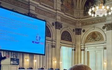 Lt. Col. Chris Herold, Deputy Commander for support to Ukraine for the U.S. Army Corps of Engineers, Europe District at the International Stability Operations Association’s Third Annual Europe Industry Days event April 14 in Wiesbaden, Germany