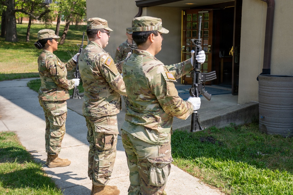 U.S. Army soldiers practice rifle manual during honor guard drill rehearsal