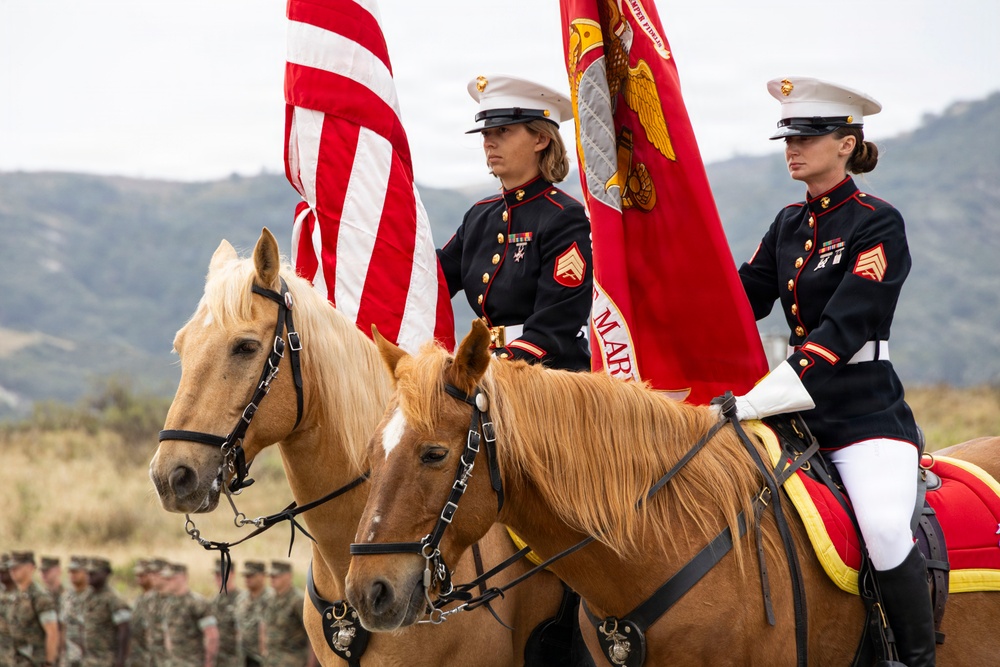 Mounted Color Guard Presents the Colors for 2nd Battalion, 1st Marines Change of Command Ceremony