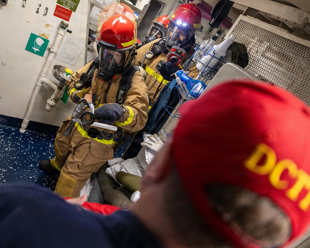 USS Mustin conducts a damage control training drill