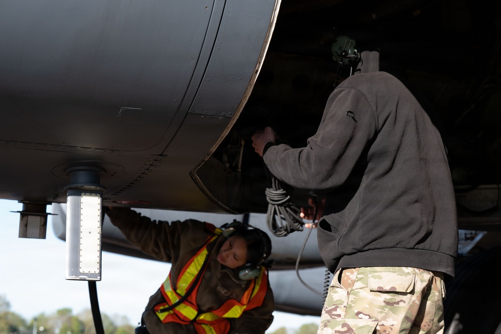 Lancer and Stratofortress Bombers depart for conditioning flight