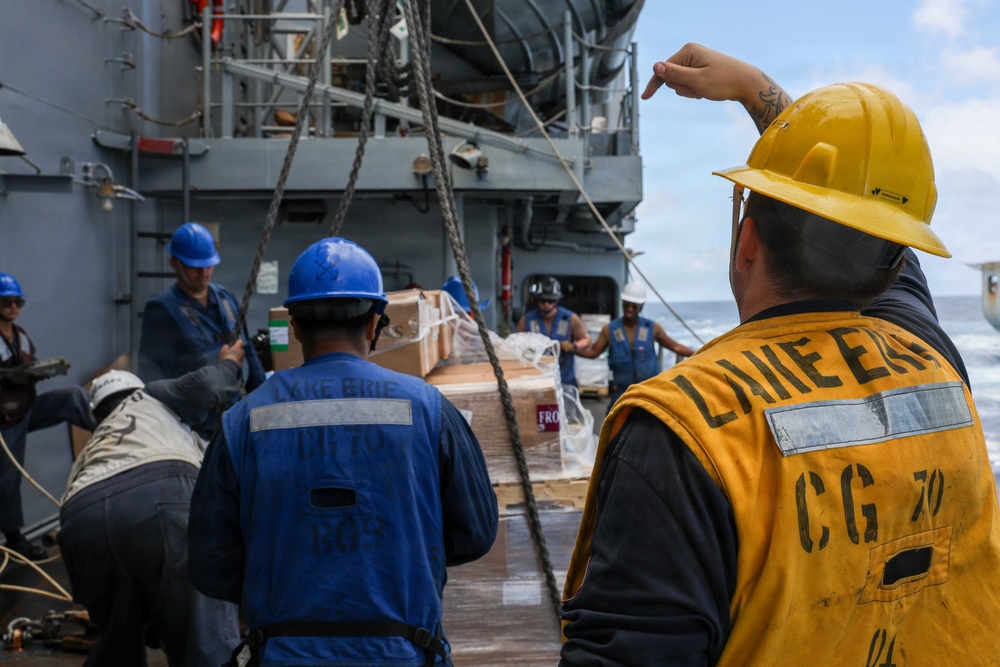 USS Lake Erie (CG 70) conducts a replenishment-at-sea with USNS Robert E. Peary (T-AKE 5)