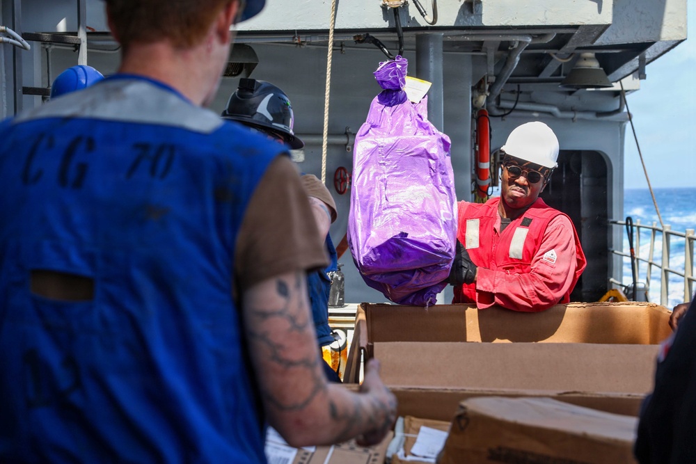 USS Lake Erie (CG 70) replenishment-at-sea with USNS Robert E. Peary (T-AKE 5)