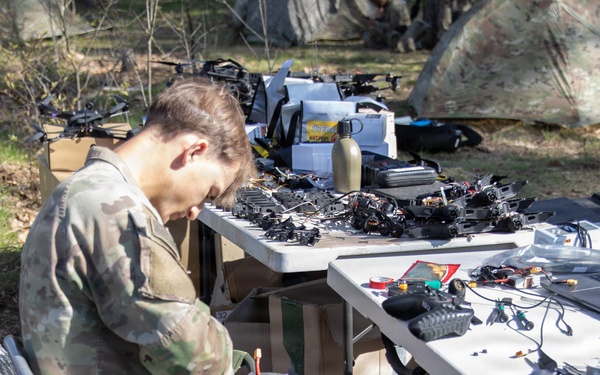 U.S. Soldiers from the 1st Squadron, 2d Cavalry Regiment assemble and tests drones