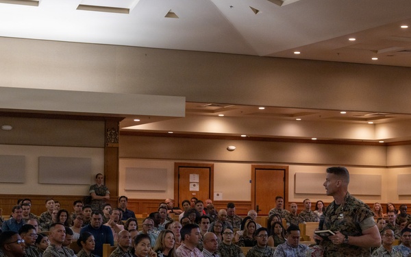 MCBH Commanding Officer Speaks to Service Members and Civilians During an All Hands Brief