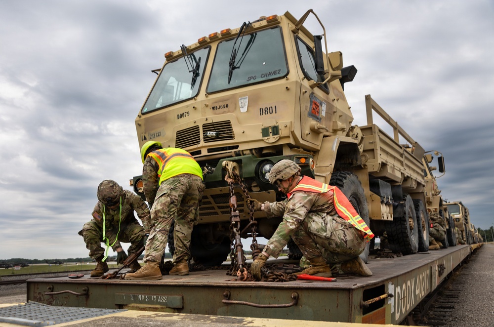 1st Armored Division vehicles and equipment rolling in to support Cadet Summer Training