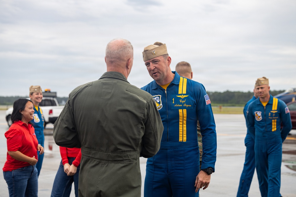 2nd Marine Aircraft Wing Commanding General welcomes the U.S. Navy Blue Angels ahead of the airshow