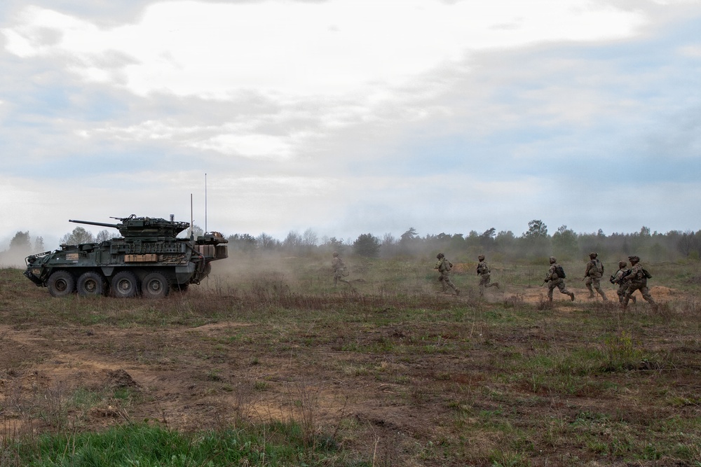 U.S. Soldiers in 2d Cavalry Regiment perform familiarization berm drills with M1296 Stryker infantry carrier vehicle