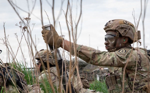 U.S. Soldiers in 2d Cavalry Regiment perform familiarization berm drills with M1296 Stryker infantry carrier vehicle