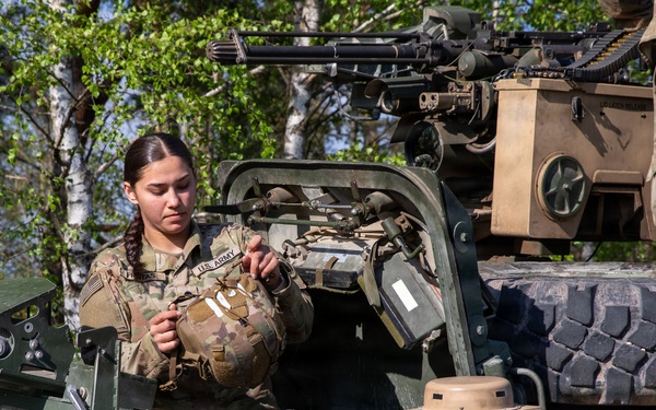 U.S. Soldiers in 2d Cavalry Regiment perform familiarization berm drills with M1296 Stryker infantry carrier vehicle