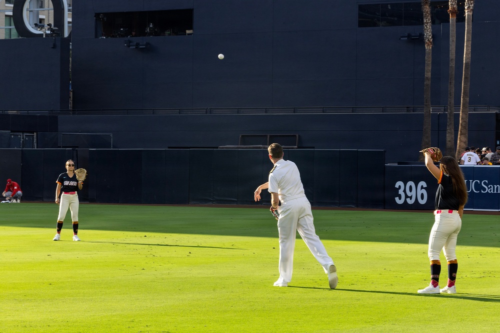 Commanding Officer of Naval Base Coronado throws first pitch during NASCAR day at Petco Park