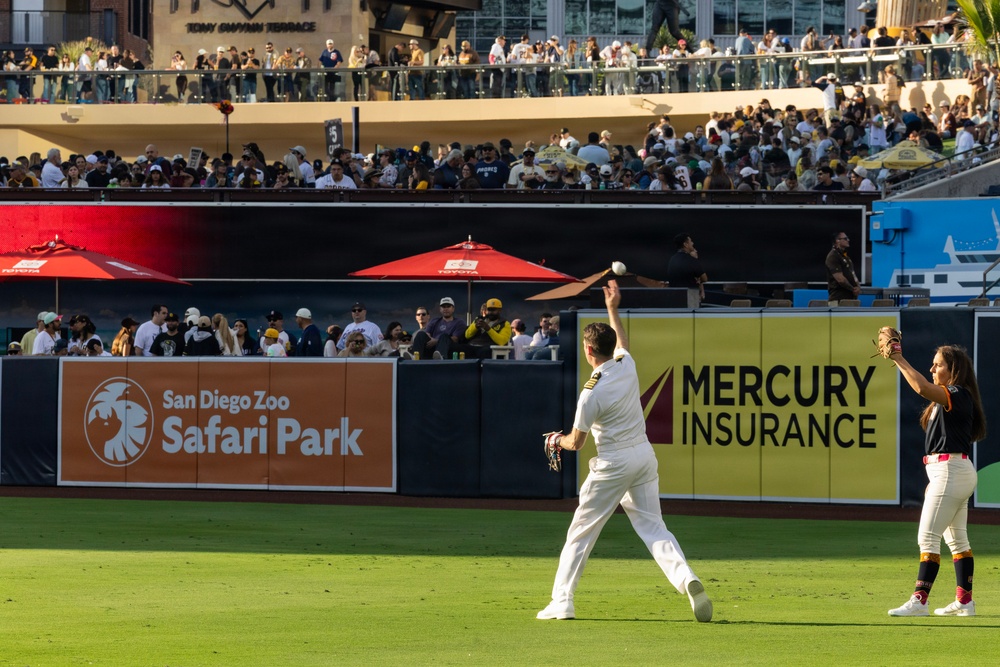 Commanding Officer of Naval Base Coronado throws first pitch during NASCAR day at Petco Park