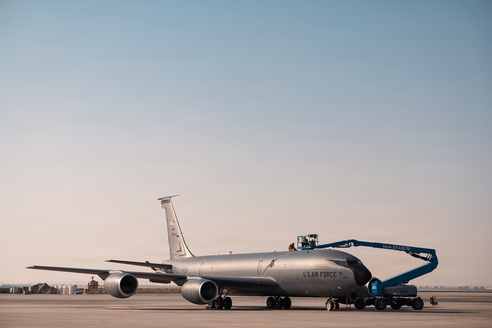 Air Force Maintainers conduct KC-135 post-flight inspection